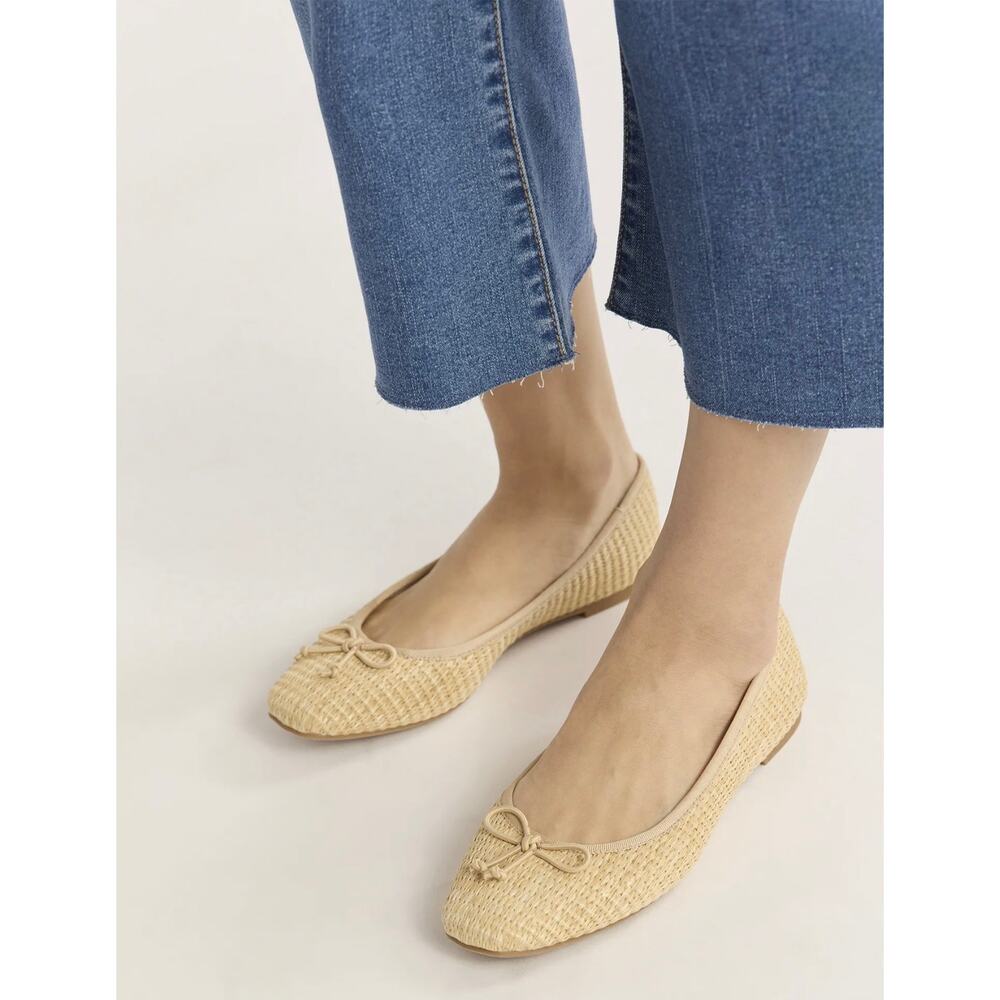 Time & Tru Raffia Bow Ballet Flats Olympia Beige Woven Women's 9.5 M Memory Foam